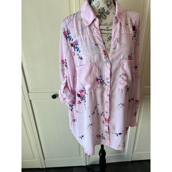 Roaman's Plus Size Light Pink Floral lightweight button up long sleeve blouse - Picture 6 of 9